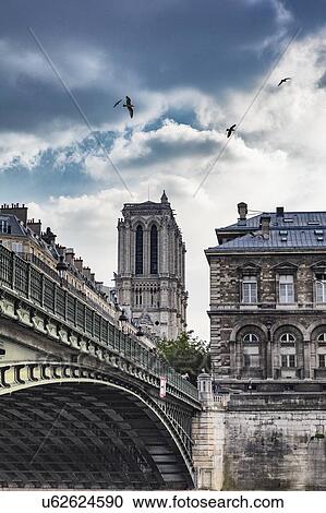 Stock Image - Scenic view of Ile de la Cite and Notre Dame Cathedral, Paris, France. Fotosearch