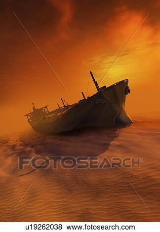 Shipwreck in desert, illustration. View Large Photo Image Stock Photo - Shipwreck in desert, illustration.. Fotosearch