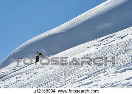 Picture - Skier walking up mountain, Saas-Fee, Valais, Switzerland. Fotosearch