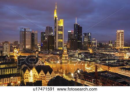 Stock Image - Skyline at sunset in Frankfurt, Germany. Fotosearch