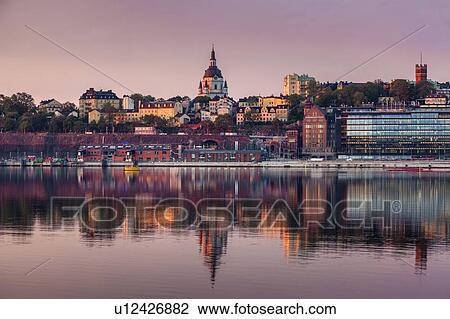 Stock Image - Skyline at sunset in Stockholm, Sweden. Fotosearch