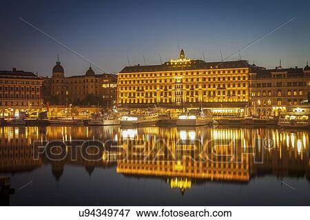 Stock Photo - Skyline at sunset in Stockholm, Sweden. Fotosearch