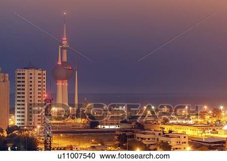 Stock Image - Skyline with Kuwait Towers at night in Kuwait City, Kuwait. Fotosearch