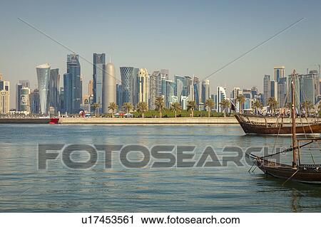 Stock Image - Skyscraper skyline in Doha, Qatar. Fotosearch