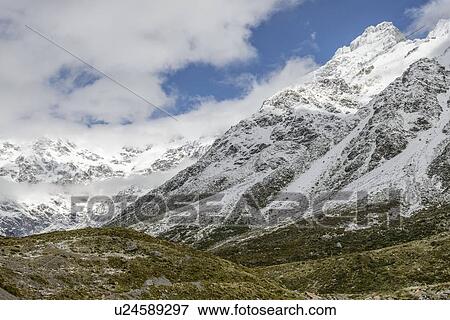 Stock Photo - Snowcapped mountains in Mount Cook National Park, New Zealand. Fotosearch