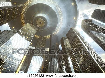 Space craft over futuristic city, illustration. View Large Photo Image Stock Image - Space craft over futuristic city, illustration.. Fotosearch