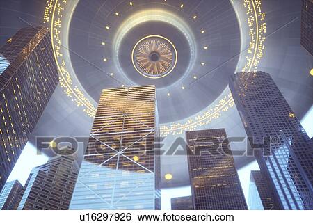 Stock Photograph - Space craft over futuristic city, illustration.. Fotosearch