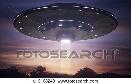 Stock Image - Space craft with light beam, illustration.. Fotosearch