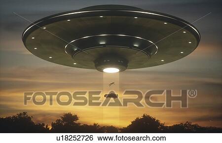 Stock Photograph - Space craft with person and car in light beam, illustration.. Fotosearch