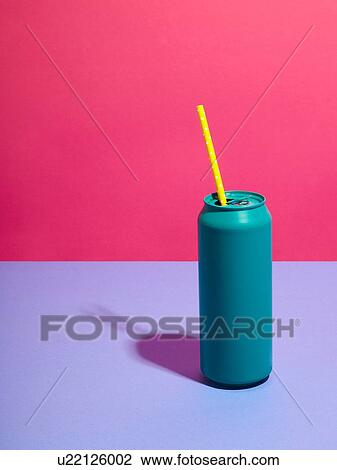 Still life of turquoise drink can with yellow straw and pink background View Large Photo Image Stock Image - Still life of turquoise drink can with yellow straw and pink background. Fotosearch