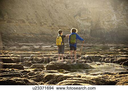 Picture - Teenage boys on rocks by tide pool in La Jolla, California. Fotosearch