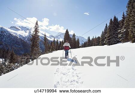 Teenage girl snowshoeing in snow covered mountain landscape, rear view, Styria, Tyrol, Austria View Large Photo Image Picture - Teenage girl snowshoeing in snow covered mountain landscape, rear view, Styria, Tyrol, Austria. Fotosearch