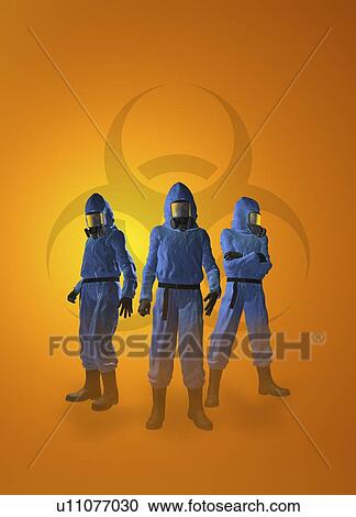 Stock Image - Three figures in radiation suits, illustration.. Fotosearch