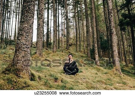 Stock Photo - Trekker meditating in forest, Trossachs National Park, Canada. Fotosearch