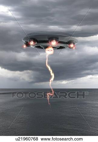 Stock Photo - Ufo above the water, computer artwork.. Fotosearch