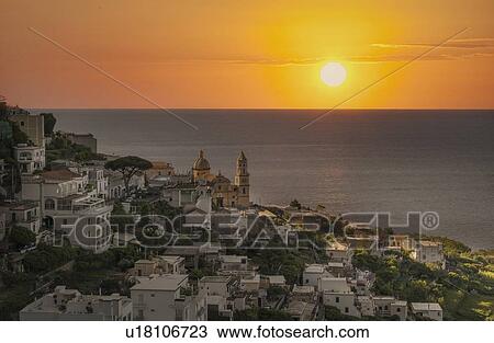Village of Praiano at sunset on Amalfi Coast, Italy View Large Photo Image Stock Image - Village of Praiano at sunset on Amalfi Coast, Italy. Fotosearch