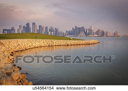 Picture - Waterfront by skyline of Doha, Qatar. Fotosearch
