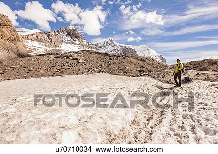 Woman on Athabasca Glacier in Jasper National Park, Alberta, Canada View Large Photo Image Picture - Woman on Athabasca Glacier in Jasper National Park, Alberta, Canada. Fotosearch