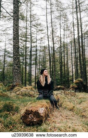 Stock Photo - Woman sitting on log, Trossachs National Park, Canada. Fotosearch