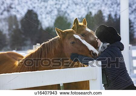 Woman wearing fur hat stroking horses View Large Photo Image Stock Image - Woman wearing fur hat stroking horses. Fotosearch