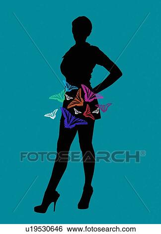 Stock Photograph - Woman with butterflies in her stomach, conceptual illustration.. Fotosearch