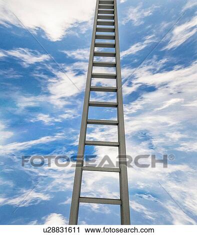 Stock Image - Wooden ladder reaching up to the sky. Computer generated image.. Fotosearch