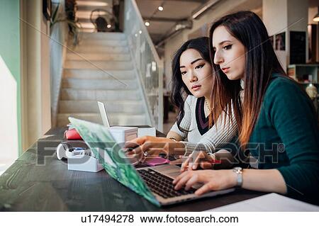 Young businesswomen using laptop at cafe table View Large Photo Image Stock Photo - Young businesswomen using laptop at cafe table. Fotosearch