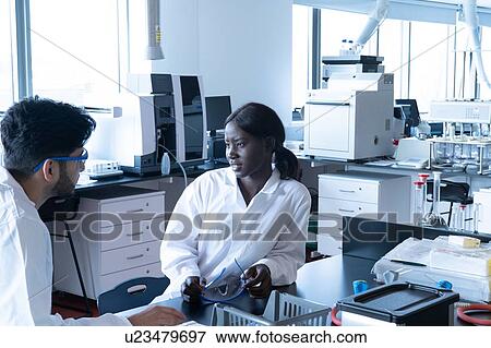 Young female and male scientists having discussion in laboratory View Large Photo Image Stock Photo - Young female and male scientists having discussion in laboratory. Fotosearch