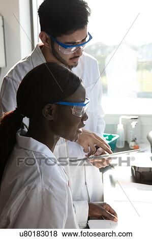 Stock Photo - Young female and male scientists looking at digital tablet in laboratory. Fotosearch