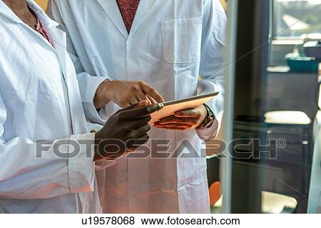 Stock Photo - Young female and male scientists using digital tablet in laboratory, mid section. Fotosearch