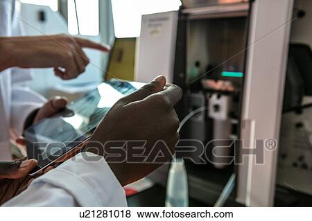Stock Photo - Young female and male scientists using digital tablet and scientific equipment in laboratory, cropped. Fotosearch