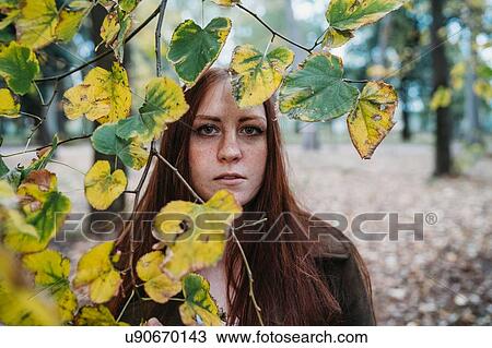Young woman with long red hair behind twig of autumn leaves in park, portrait View Large Photo Image Stock Image - Young woman with long red hair behind twig of autumn leaves in park, portrait. Fotosearch