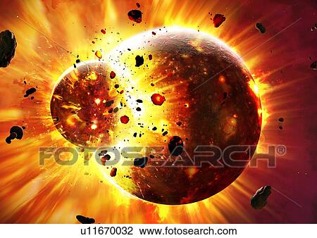 Stock Image - A stage in the formation of the Earth-Moon system. The Earth had recently formed (4600 million years ago) when it was struck by a large protoplanet, sometimes dubbed Theia, roughly three times the mass of Mars. Theia was completely obliterated by the.... Fotosearch