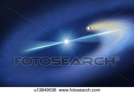 Stock Photograph - Artwork of the so-called Black Widow Pulsar. This is a pulsar - a rapidly rotating neutron star - discovered in 1988, which is in orbit around a brown dwarf. The name black widow is applied because the companion to the pulsar is being destroyed by it..... Fotosearch
