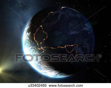 Artwork of the so-called Ring of Fire. This is a region of tectonic plate boundaries around the Pacific Ocean, where Earthquakes and volcanoes are common. Australia is visible on the day-nght terminator at bottom left. View Large Photo Image Stock Photography - Artwork of the so-called Ring of Fire. This is a region of tectonic plate boundaries around the Pacific Ocean, where Earthquakes and volcanoes are common. Australia is visible on the day-nght terminator at bottom left.. Fotosearch