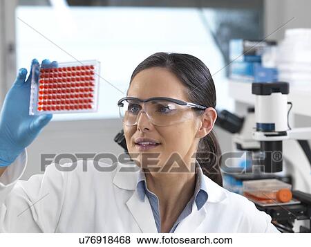 Stock Photo - Blood testing. Scientist examining blood samples in a multiwell plate.. Fotosearch