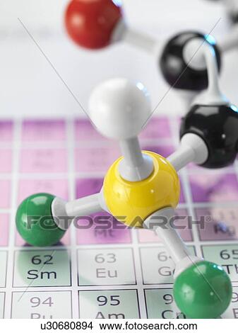 Picture - Chemistry, conceptual image. Ball and stick molecular model sitting on a periodic table. Fotosearch