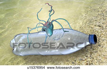 Picture - Computer illustration of Ideonella sakaiensis bacterium degrading a plastic bottle. I. sakaiensis was discovered in 2016 in sediment near a plastic bottle recycling facility in Japan. It is able to use the plastic polyethylene terephthalate (PET) as.... Fotosearch