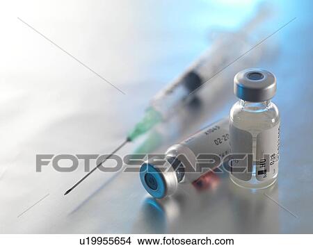 Picture - Drug ampules and syringe awaiting injection.. Fotosearch