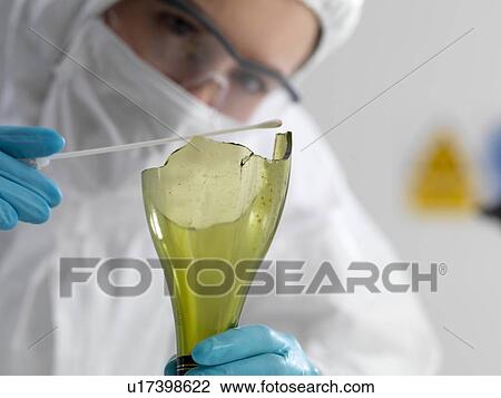 Stock Image - Forensic scientist collecting evidence by taking a DNA (deoxyribonucleic acid) swab from scene of crime bottle.. Fotosearch