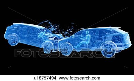 Picture - Head-on car crash, computer illustration.. Fotosearch