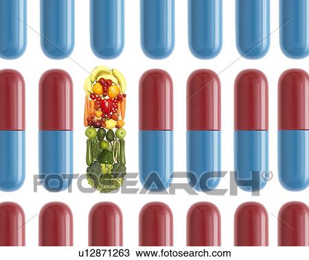 Stock Image - Healthy living, conceptual image. Medicine or fresh fruit and vegetables.. Fotosearch