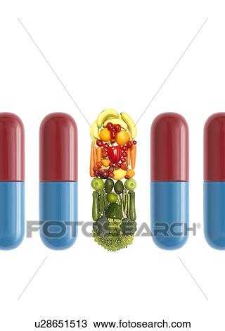 Stock Image - Healthy living, conceptual image. Medicine or fresh fruit and vegetables.. Fotosearch