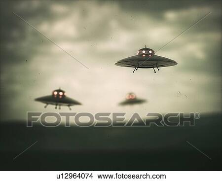 Picture - Unidentified Flying Object (UFO)s, computer illustration.. Fotosearch