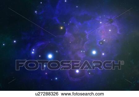 Stock Photograph - Young Star Cluster, artwork. Stars often form in groups, which later evolve to become open star clusters. They may, eventually, escape the cluster and become solitary. This illustration shows a group of stars that have just been born. Their hot,.... Fotosearch