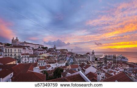 Alfama district at sunset, Lisbon, Portugal View Large Photo Image Stock Photo - Alfama district at sunset, Lisbon, Portugal. Fotosearch
