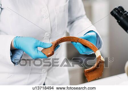 Picture - Archaeologists reconstructing broken pottery. Fotosearch