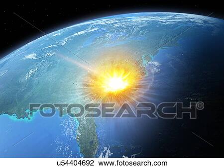 Stock Image - Asteroid impacting modern Earth, illustration. Fotosearch