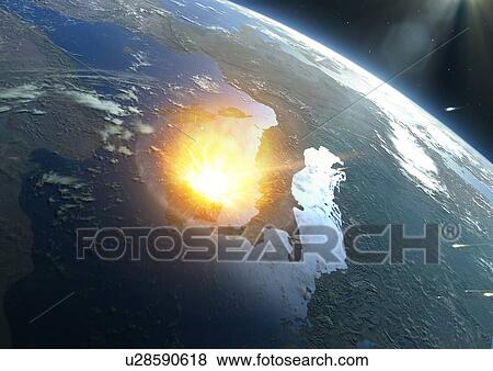 Stock Photo - Asteroid impacting modern Earth, illustration. Fotosearch