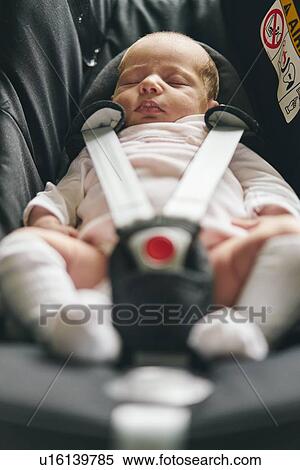 Stock Photography - Baby buckled up in baby cradle. Fotosearch
